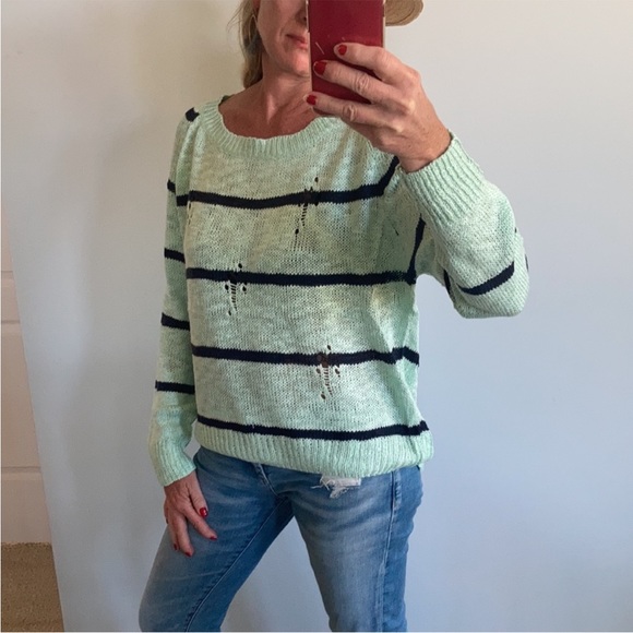 Mint Green & Navy Stripe Distressed Sweater - Picture 4 of 8